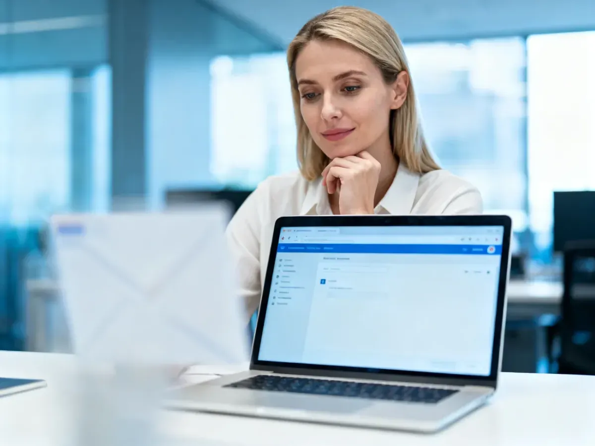 Kobieta pracująca przy laptopie w nowoczesnym biurze, skupiona na czytaniu wiadomości e-mail.