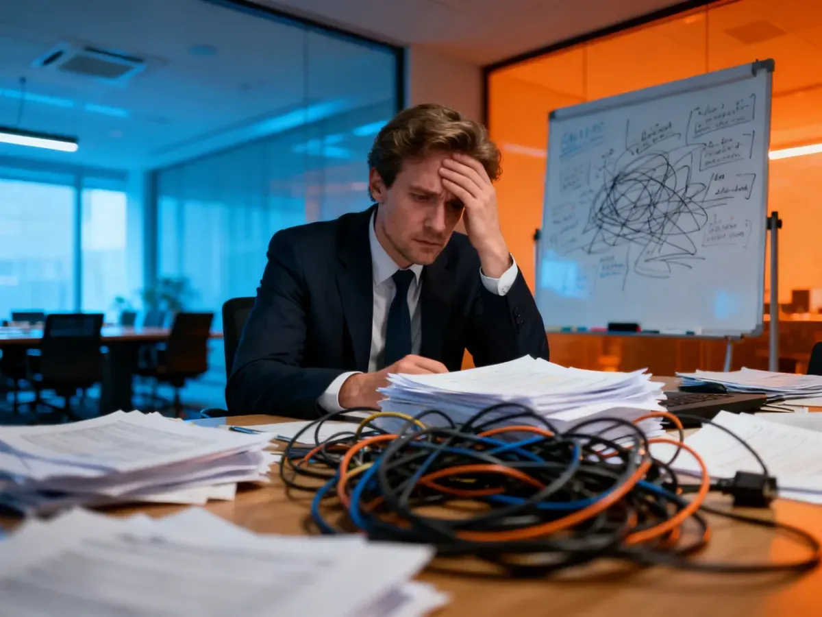 Zestresowany kierownik projektu przy biurze pełnym dokumentów, obrazujący chaos i trudności wynikające ze scope creep.