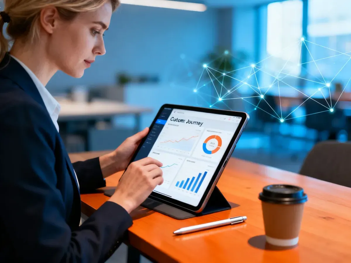 Specjalistka analizująca ścieżkę klienta na tablecie w nowoczesnym biurze, ilustrująca koncepcję touchpointów w marketingu.