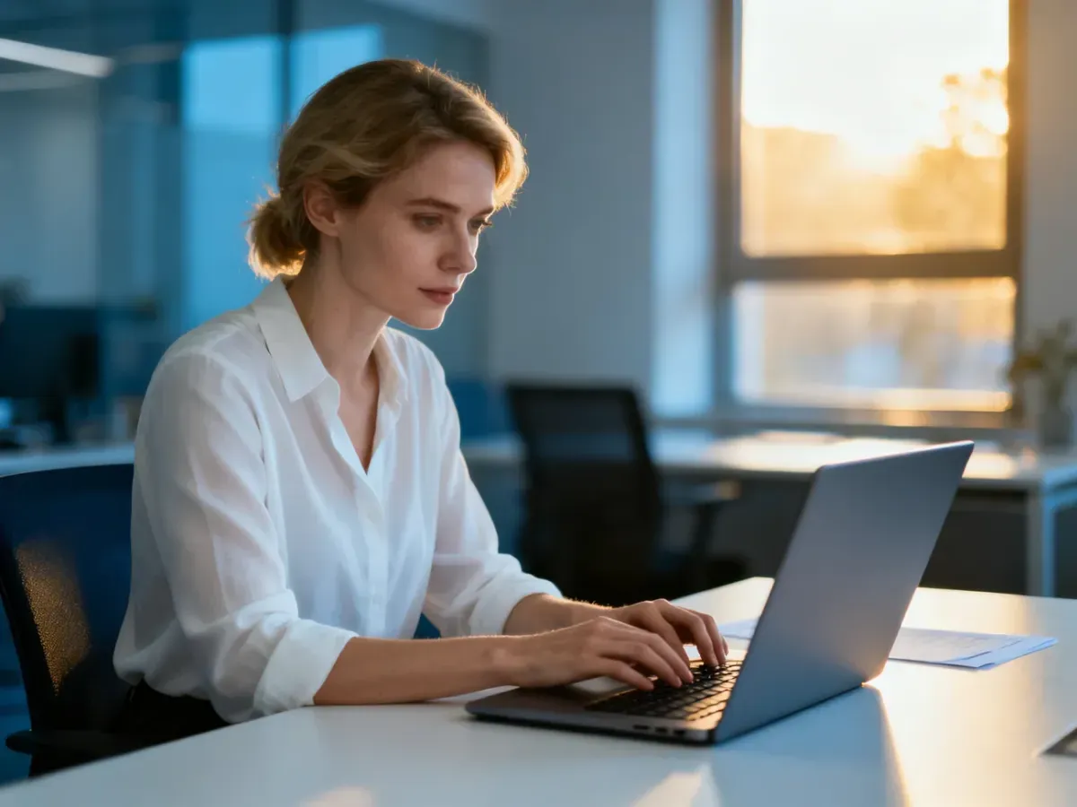 Kobieta pracująca przy laptopie w nowoczesnym biurze, skupiona na kończeniu projektu przed końcem dnia pracy.