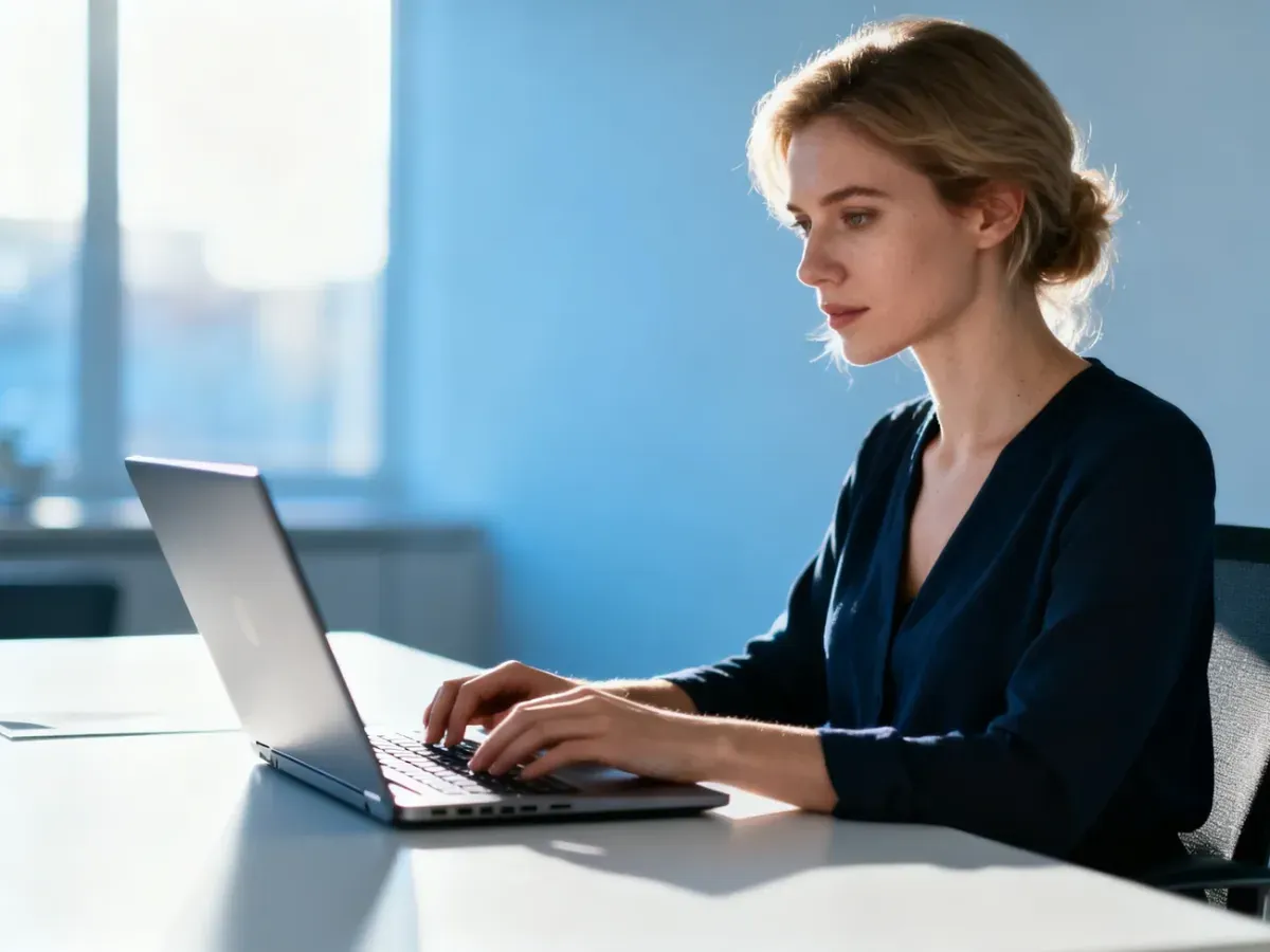 Kobieta skupiona na pracy przy laptopie w nowoczesnym biurze, ilustrująca profesjonalną obsługę poczty elektronicznej.