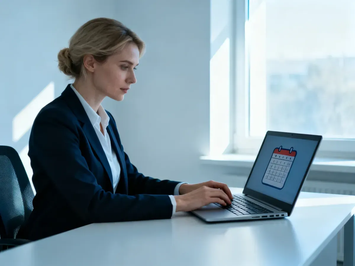 Kobieta pracująca przy laptopie w nowoczesnym biurze, symbolizująca profesjonalne zarządzanie czasem i dostępnością.